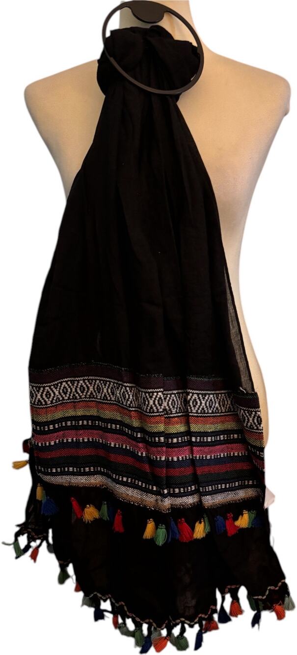 Anthropologie Raj Scarf, Black With Native American Colorful Accent And Fringe